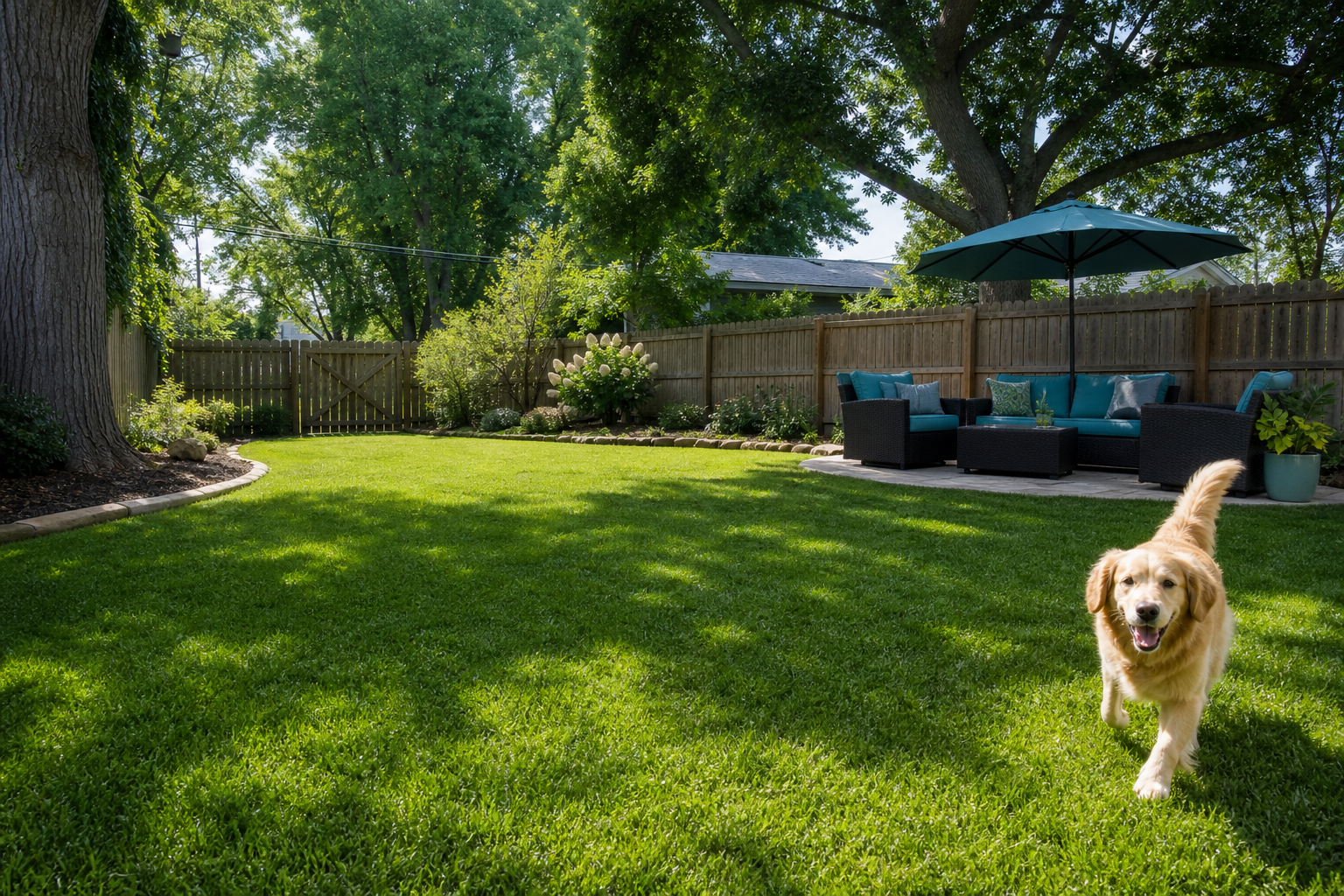 Freshly cleaned fenced backyard with healthy grass and a happy dog