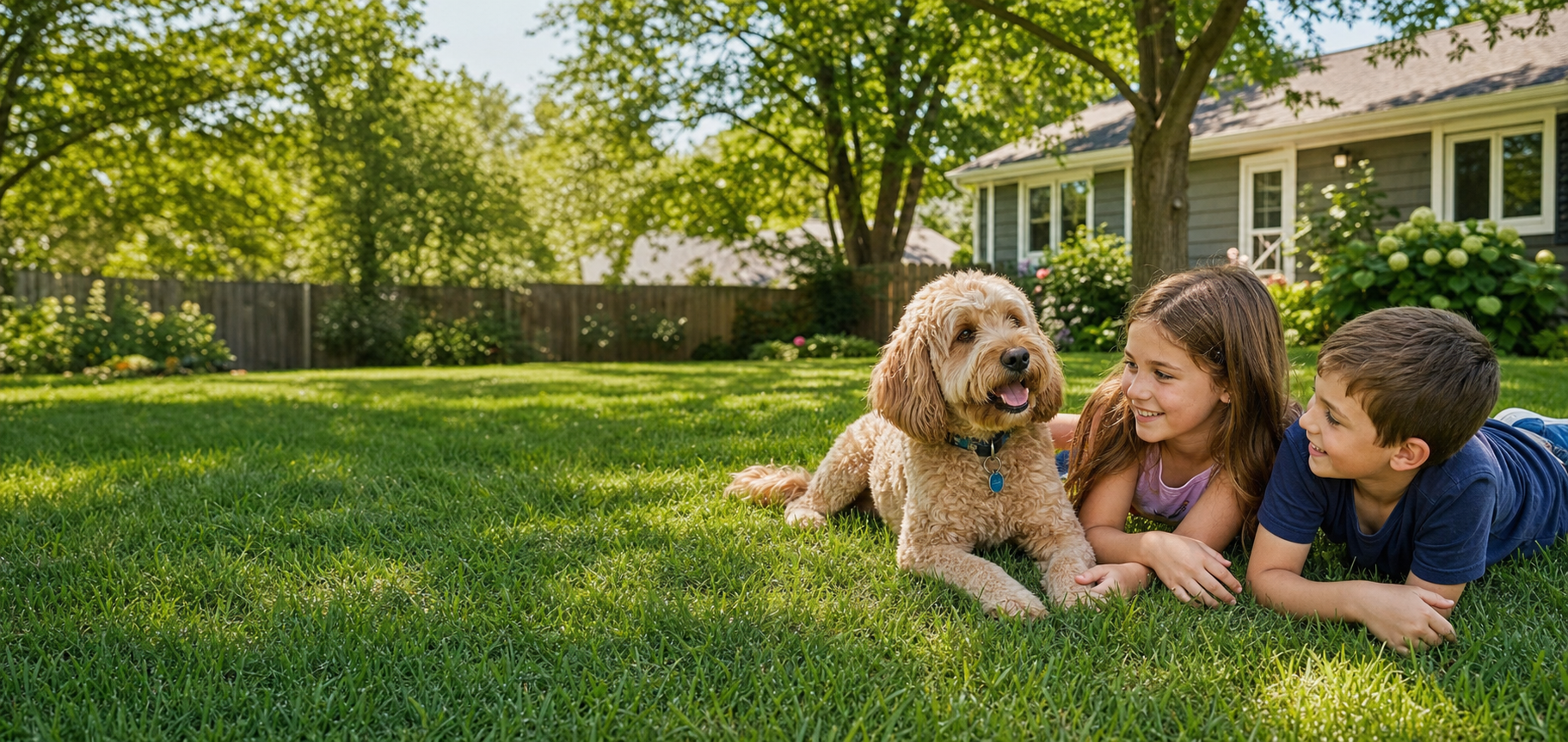 Children and a dog relaxing in a clean Michigan backyard