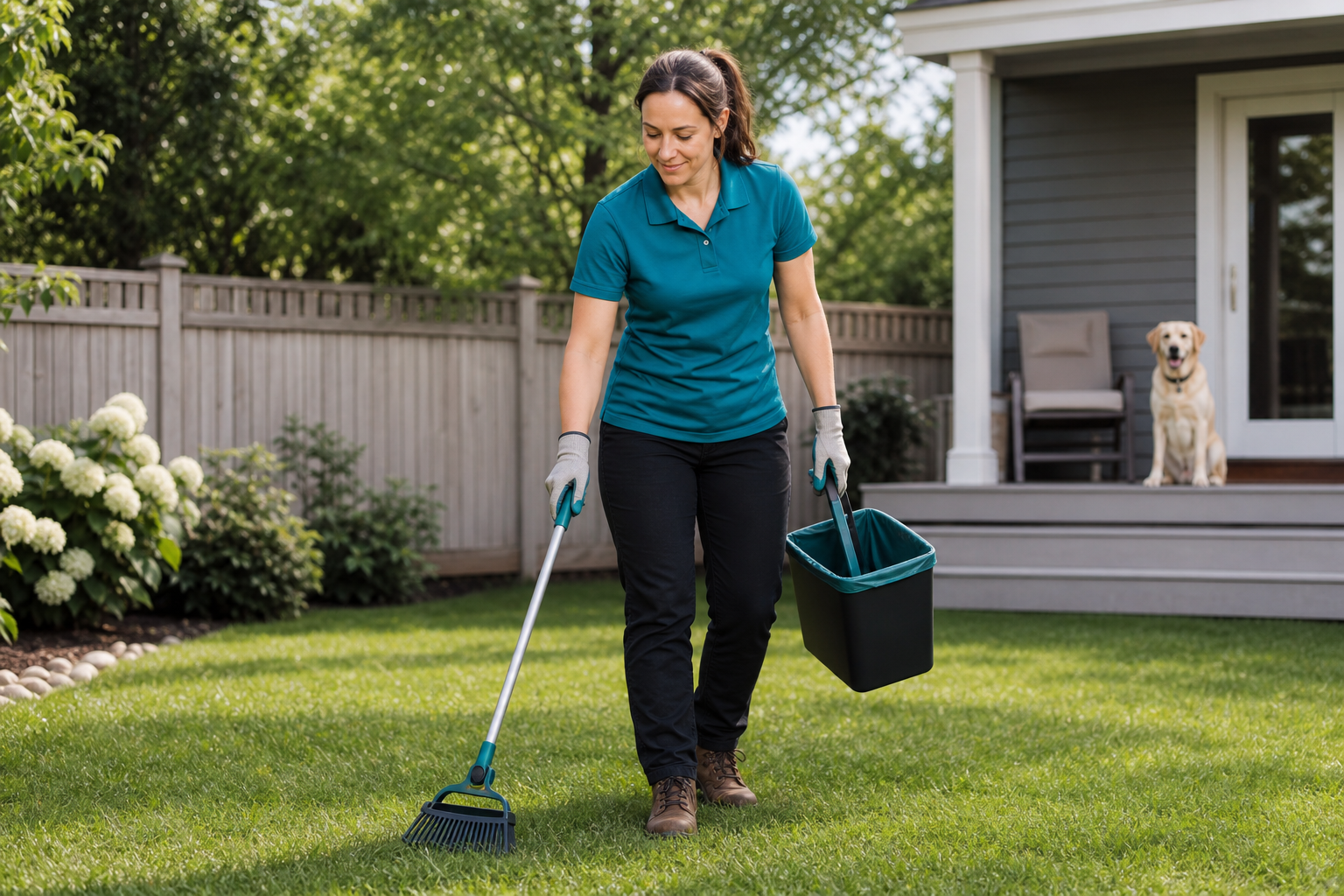 Professional pet waste removal technician cleaning a suburban yard